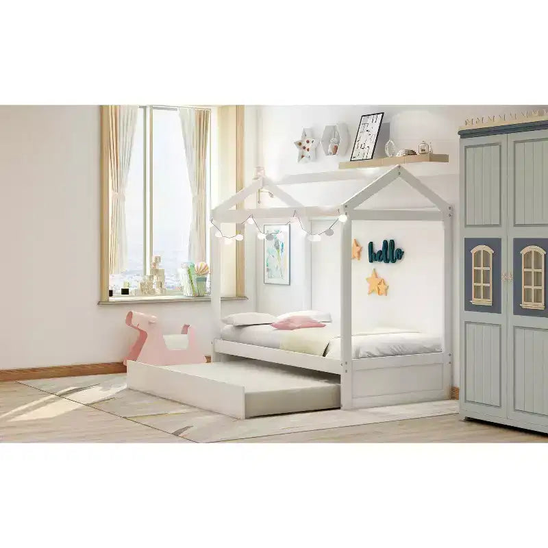 Letto per Bambini a Casetta con Letto Estraibile, Letto Basso Salvaspazio