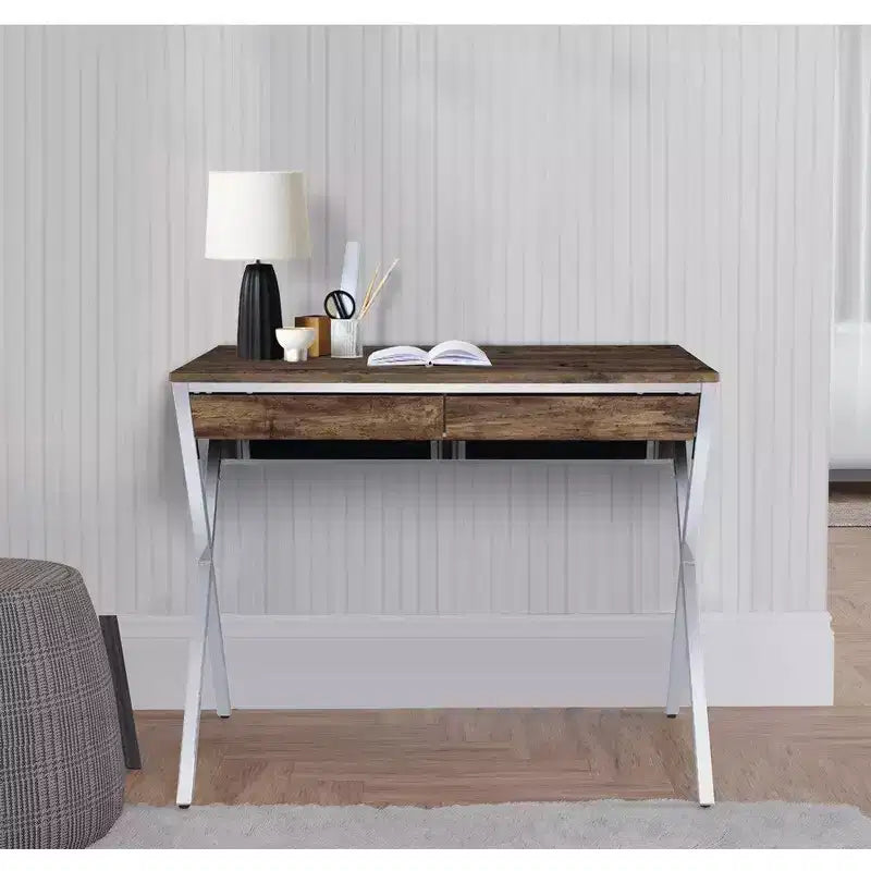 Scrivania da ufficio moderna da 36 pollici con 2 cassetti, telaio a X cromato, piano in legno di quercia