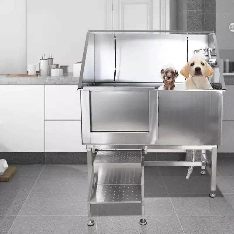 Vasca da bagno per cani, stazione di lavaggio per cani in acciaio inossidabile da 50 pollici - Vasca per toelettatura animali domestici con scale, rubinetto, soffione doccia, portasapone, porta a sinistra