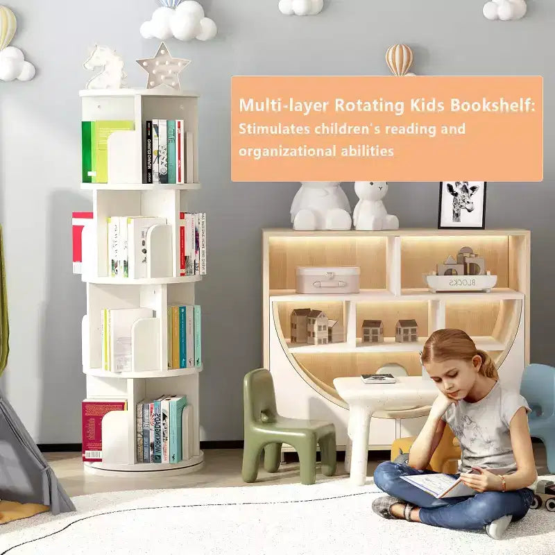 Torre Libreria Girevole a 4 Livelli, Libreria Stretta Girevole a 360° per Piccoli Spazi, Organizzatore ad Angolo con Finitura Effetto Legno per Camera da Letto e Soggiorno