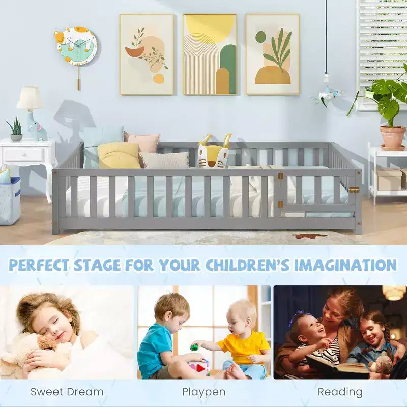 Letto Montessori a terra Full Size con sponde a tutta lunghezza e cancello di sicurezza