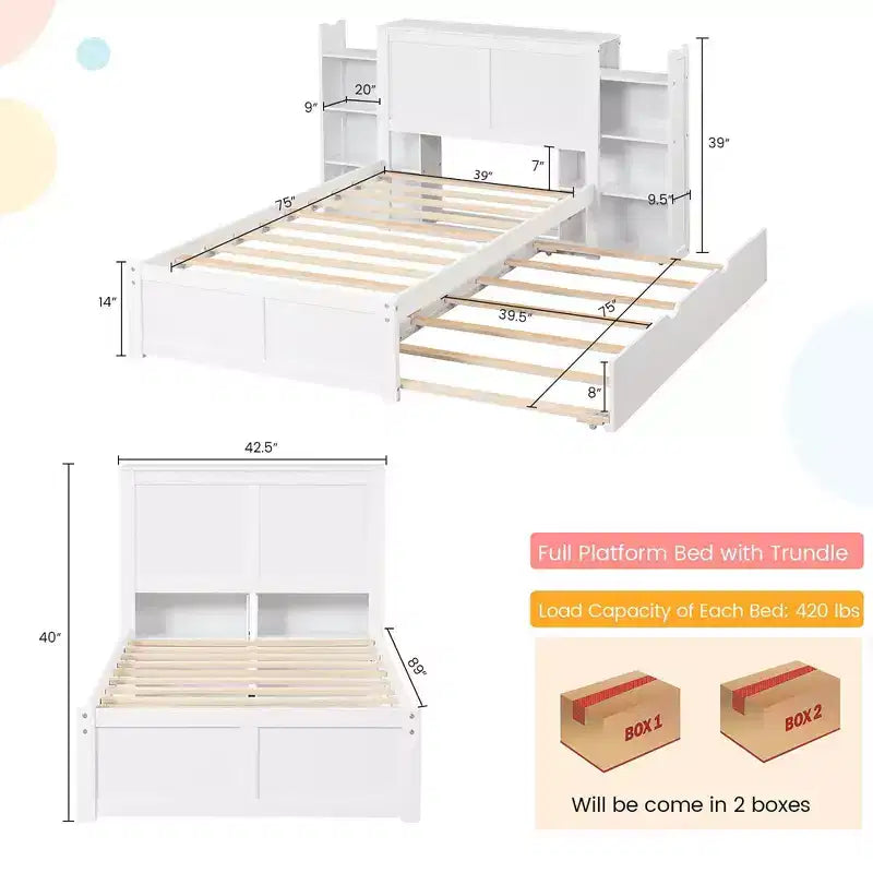 Letto a piattaforma in legno full/twin con letto estraibile e librerie nascoste