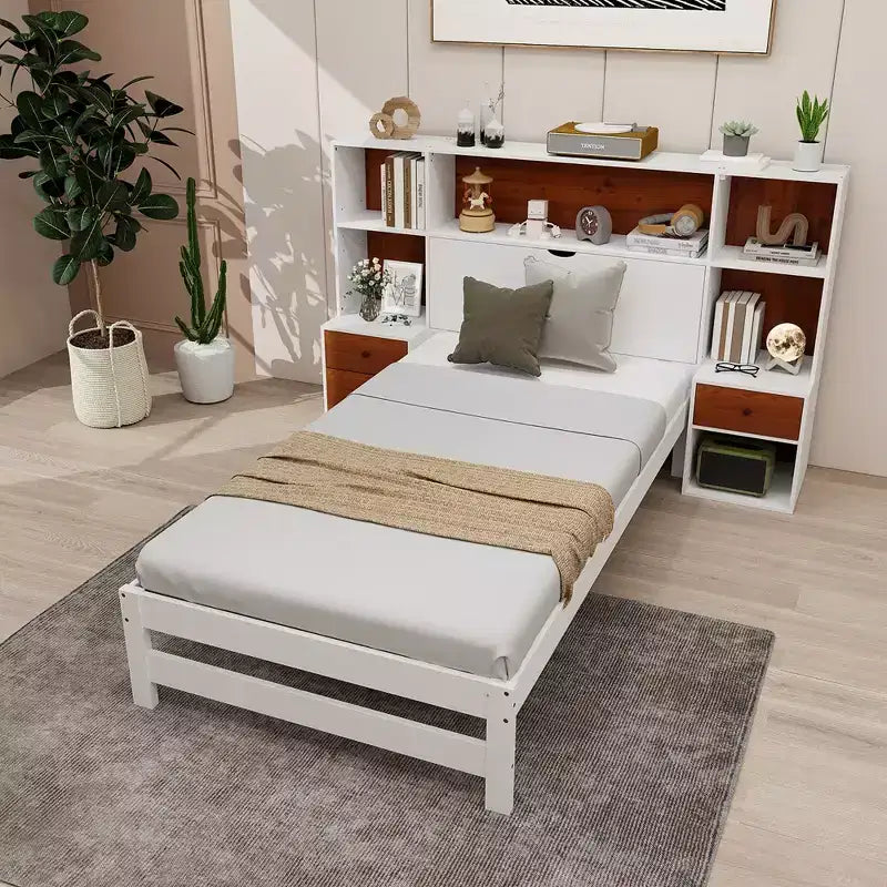 Struttura Letto Singolo con Testiera Contenitore, 7 Scomparti e 3 Cassetti