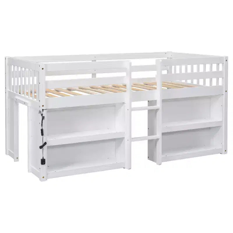Letto a soppalco Twin, sponda di sicurezza a tutta lunghezza, supporto a doghe in legno, scaletta integrata, 2 ripiani, striscia luminosa a LED; Misura unica per sala giochi