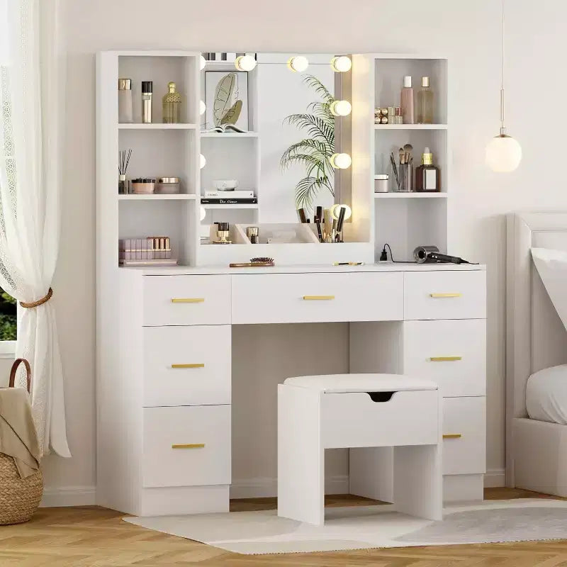 56Toeletta da Trucco con Presa di Corrente e Ripiani Contenitori, Comò da Camera da Letto con 7 Cassetti per Donne e Ragazze, 3 Modalità di Illuminazione