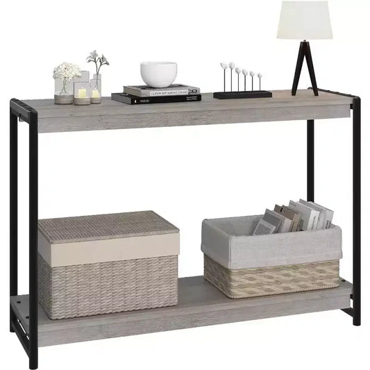 Particleboard Console Table - 40 Inch Console Table, Slatted Two-Tier Table with Shelves, Farmhouse Rustic Style for Entryway, Living Room, Hallway
