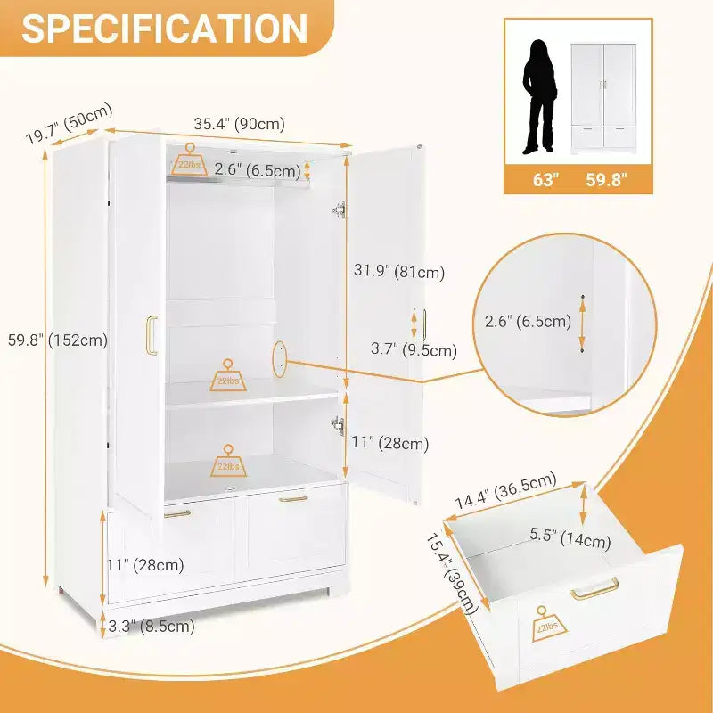 Armadio Guardaroba con Ante e Cassetti, Mobile in Legno con Asta Appendiabiti, 35x20x60