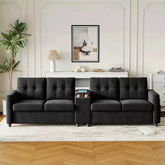 Modular Sectional 4-Seater Sofa, Velvet 115 Inch Compact caoch with Storage Console, Charging Station & Cup Holders,Deep Seats Couch for Home