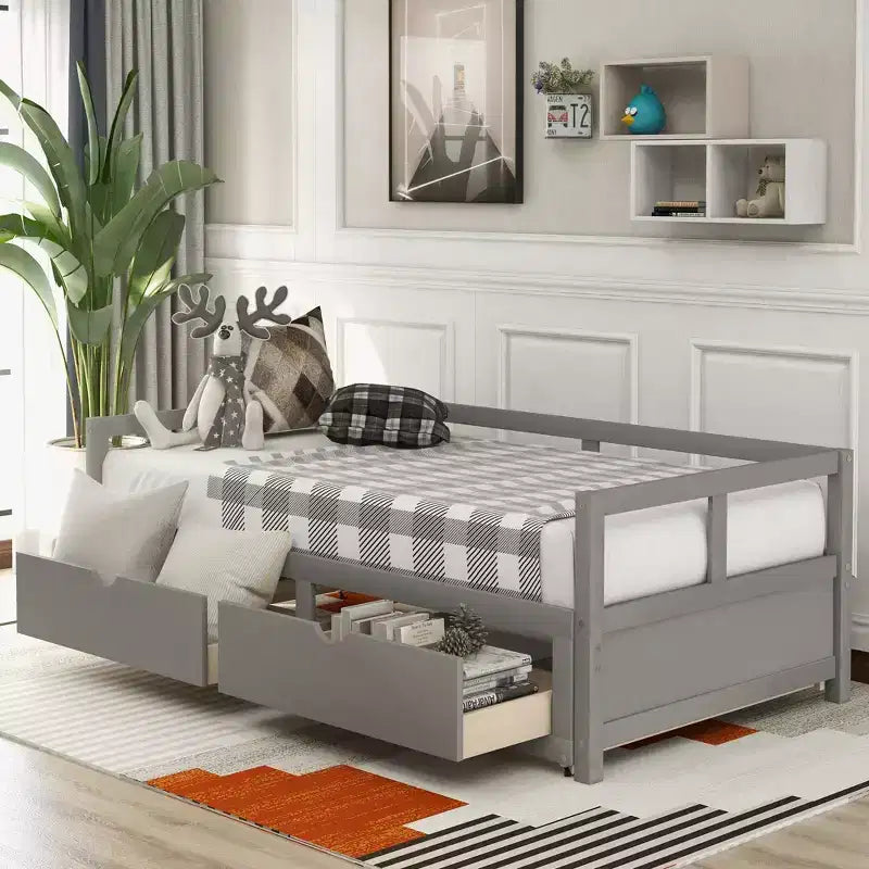 Divano Letto in Legno Matrimoniale con Letto Estraibile e Due Cassetti Contenitori, Struttura Letto Estensibile, Divano Letto per Camera da Letto Soggiorno