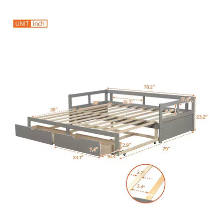 Divano Letto in Legno Matrimoniale con Letto Estraibile e Due Cassetti Contenitori, Struttura Letto Estensibile, Divano Letto per Camera da Letto Soggiorno