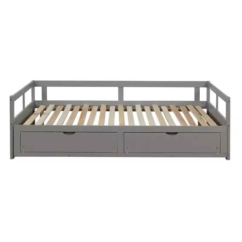 Divano Letto in Legno Matrimoniale con Letto Estraibile e Due Cassetti Contenitori, Struttura Letto Estensibile, Divano Letto per Camera da Letto Soggiorno