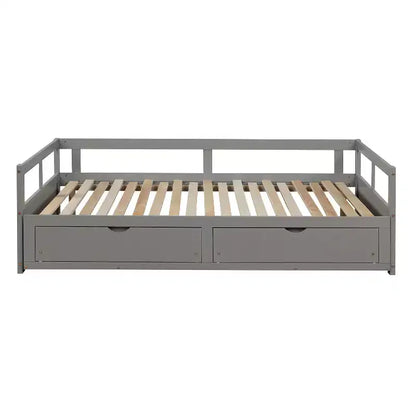 Divano Letto in Legno Matrimoniale con Letto Estraibile e Due Cassetti Contenitori, Struttura Letto Estensibile, Divano Letto per Camera da Letto Soggiorno