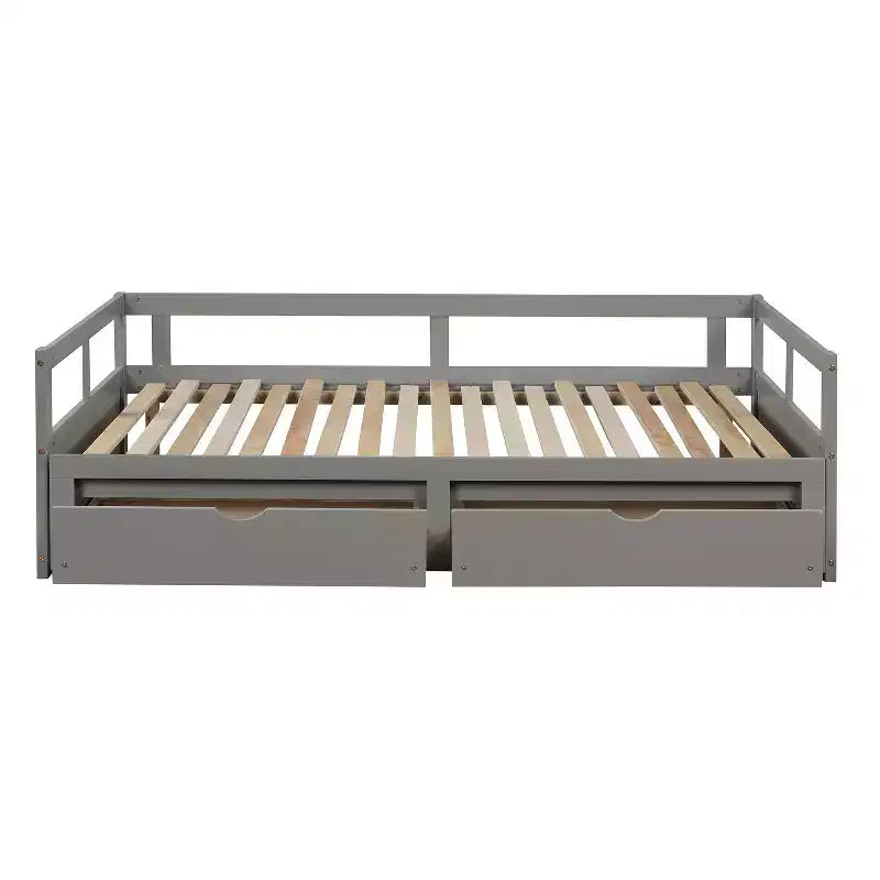Divano Letto in Legno Matrimoniale con Letto Estraibile e Due Cassetti Contenitori, Struttura Letto Estensibile, Divano Letto per Camera da Letto Soggiorno