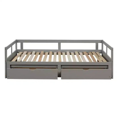 Divano Letto in Legno Matrimoniale con Letto Estraibile e Due Cassetti Contenitori, Struttura Letto Estensibile, Divano Letto per Camera da Letto Soggiorno