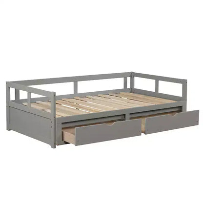 Divano Letto in Legno Matrimoniale con Letto Estraibile e Due Cassetti Contenitori, Struttura Letto Estensibile, Divano Letto per Camera da Letto Soggiorno