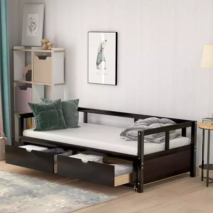 Divano Letto in Legno Matrimoniale con Letto Estraibile e Due Cassetti Contenitori, Struttura Letto Estensibile, Divano Letto per Camera da Letto Soggiorno