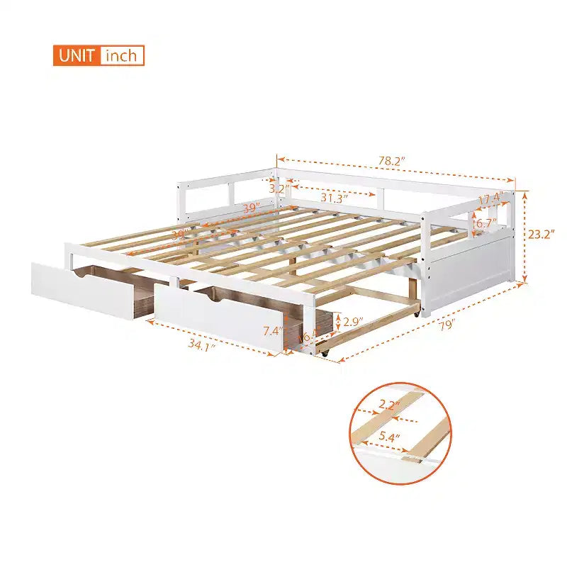 Divano Letto in Legno Matrimoniale con Letto Estraibile e Due Cassetti Contenitori, Struttura Letto Estensibile, Divano Letto per Camera da Letto Soggiorno