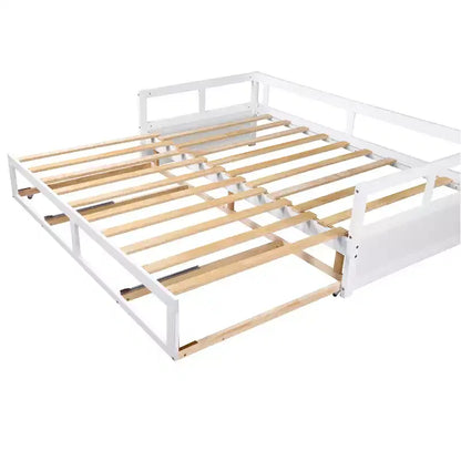 Divano Letto in Legno Matrimoniale con Letto Estraibile e Due Cassetti Contenitori, Struttura Letto Estensibile, Divano Letto per Camera da Letto Soggiorno