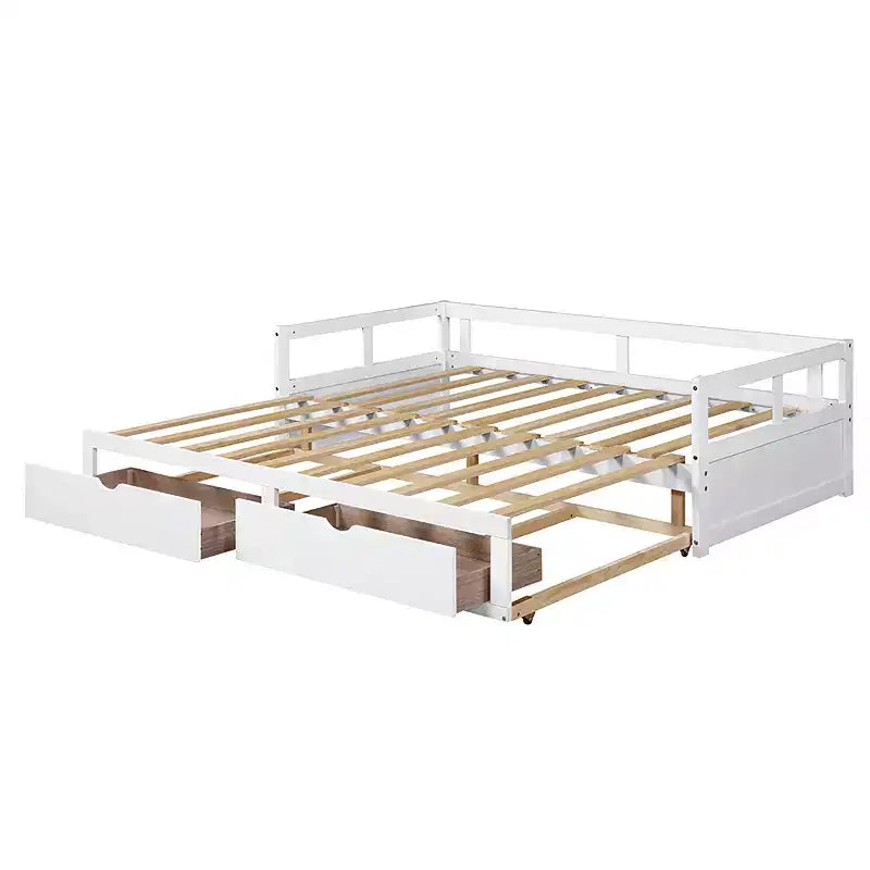 Divano Letto in Legno Matrimoniale con Letto Estraibile e Due Cassetti Contenitori, Struttura Letto Estensibile, Divano Letto per Camera da Letto Soggiorno