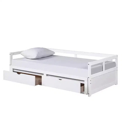 Divano Letto in Legno Matrimoniale con Letto Estraibile e Due Cassetti Contenitori, Struttura Letto Estensibile, Divano Letto per Camera da Letto Soggiorno