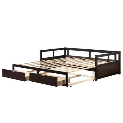 Divano Letto in Legno Matrimoniale con Letto Estraibile e Due Cassetti Contenitori, Struttura Letto Estensibile, Divano Letto per Camera da Letto Soggiorno