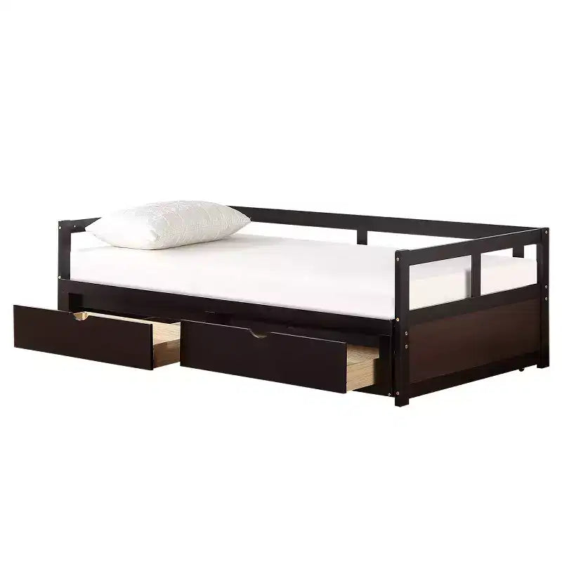 Divano Letto in Legno Matrimoniale con Letto Estraibile e Due Cassetti Contenitori, Struttura Letto Estensibile, Divano Letto per Camera da Letto Soggiorno