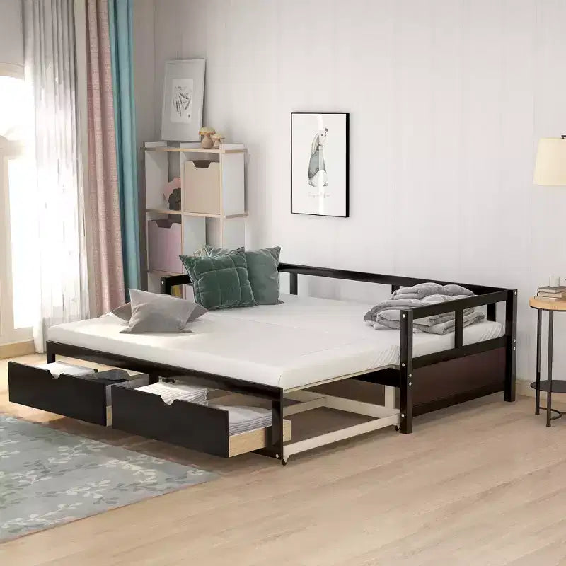 Twin to King Wooden Daybed with Twin Size Trundle Bed and Two Storage Drawers, Extendable Bed Frame, Sofa Bed for Bedroom Living Room