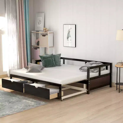 Twin to King Wooden Daybed with Twin Size Trundle Bed and Two Storage Drawers, Extendable Bed Frame, Sofa Bed for Bedroom Living Room