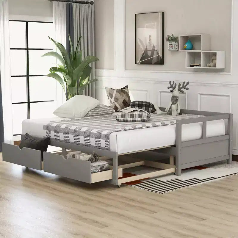 Divano Letto in Legno Matrimoniale con Letto Estraibile e Due Cassetti Contenitori, Struttura Letto Estensibile, Divano Letto per Camera da Letto Soggiorno