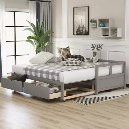 Divano Letto in Legno Matrimoniale con Letto Estraibile e Due Cassetti Contenitori, Struttura Letto Estensibile, Divano Letto per Camera da Letto Soggiorno