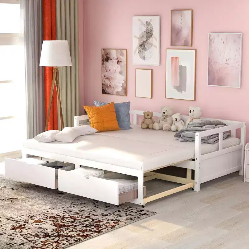 Divano Letto in Legno Matrimoniale con Letto Estraibile e Due Cassetti Contenitori, Struttura Letto Estensibile, Divano Letto per Camera da Letto Soggiorno