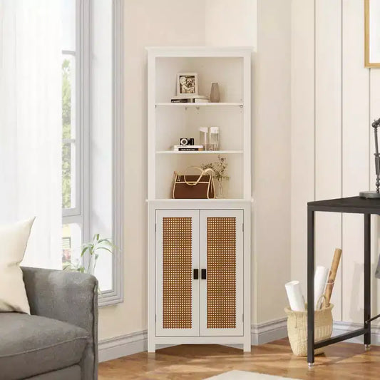 64 in Tall Farmhouse Corner Cabinet with 2 Barn Doors, Multi-Purpose Adjustable Shelves for Dining Room, Kitchen, Farmhouse Storage Cabinet, White
