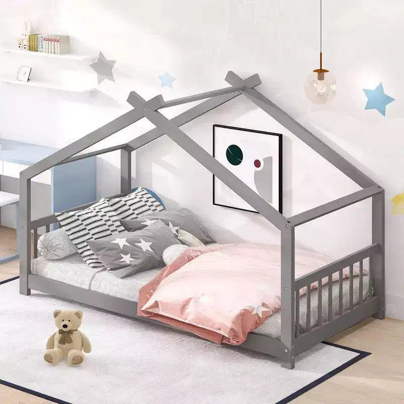 Twin/Full House Beds with Roof for Kids, Floor Wood Montessori Bed Frame Platform Bed for Boys Girls, Gray
