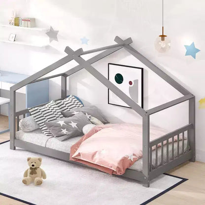 Twin/Full House Beds with Roof for Kids, Floor Wood Montessori Bed Frame Platform Bed for Boys Girls, Gray