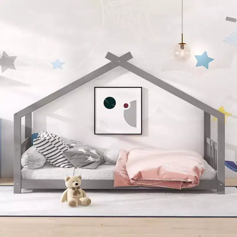 Letti per bambini Twin/Full Size con tetto, letto a piattaforma Montessori in legno a pavimento per bambini e bambine, grigio
