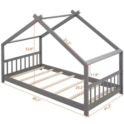 Letti per bambini Twin/Full Size con tetto, letto a piattaforma Montessori in legno a pavimento per bambini e bambine, grigio