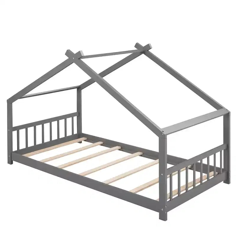 Letti per bambini Twin/Full Size con tetto, letto a piattaforma Montessori in legno a pavimento per bambini e bambine, grigio