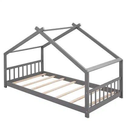 Letti per bambini Twin/Full Size con tetto, letto a piattaforma Montessori in legno a pavimento per bambini e bambine, grigio