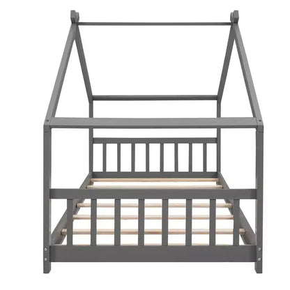 Letti per bambini Twin/Full Size con tetto, letto a piattaforma Montessori in legno a pavimento per bambini e bambine, grigio