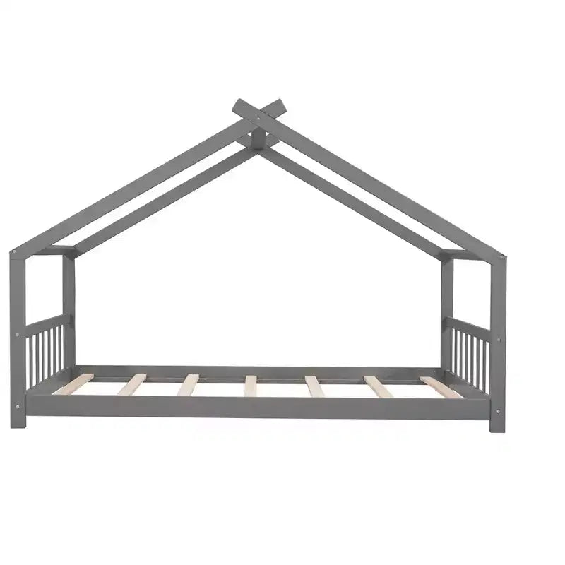 Letti per bambini Twin/Full Size con tetto, letto a piattaforma Montessori in legno a pavimento per bambini e bambine, grigio