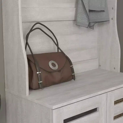 Appendiabiti da ingresso con panca, scarpiera e 4 ganci in metallo, rovere grigio