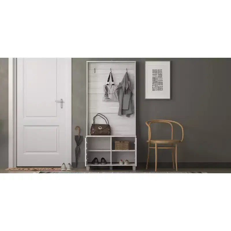 Appendiabiti da ingresso con panca, scarpiera e 4 ganci in metallo, rovere grigio