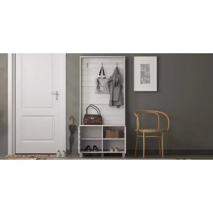 Appendiabiti da ingresso con panca, scarpiera e 4 ganci in metallo, rovere grigio