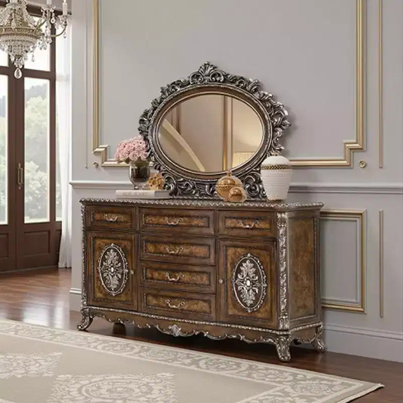 Royal Hampton Dresser Mirror, Intricate Brushed Champagne and Cherry Wood 43x53