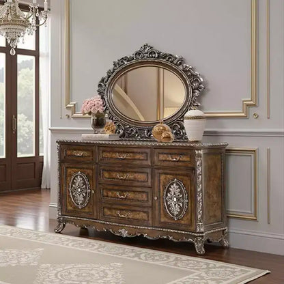 Royal Hampton Dresser Mirror, Intricate Brushed Champagne and Cherry Wood 43x53