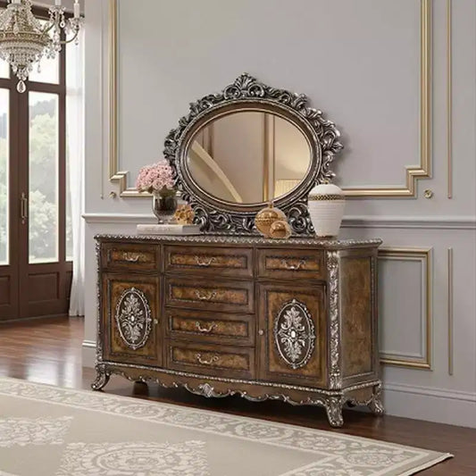 Royal Hampton Dresser Mirror, Intricate Brushed Champagne and Cherry Wood 43x53