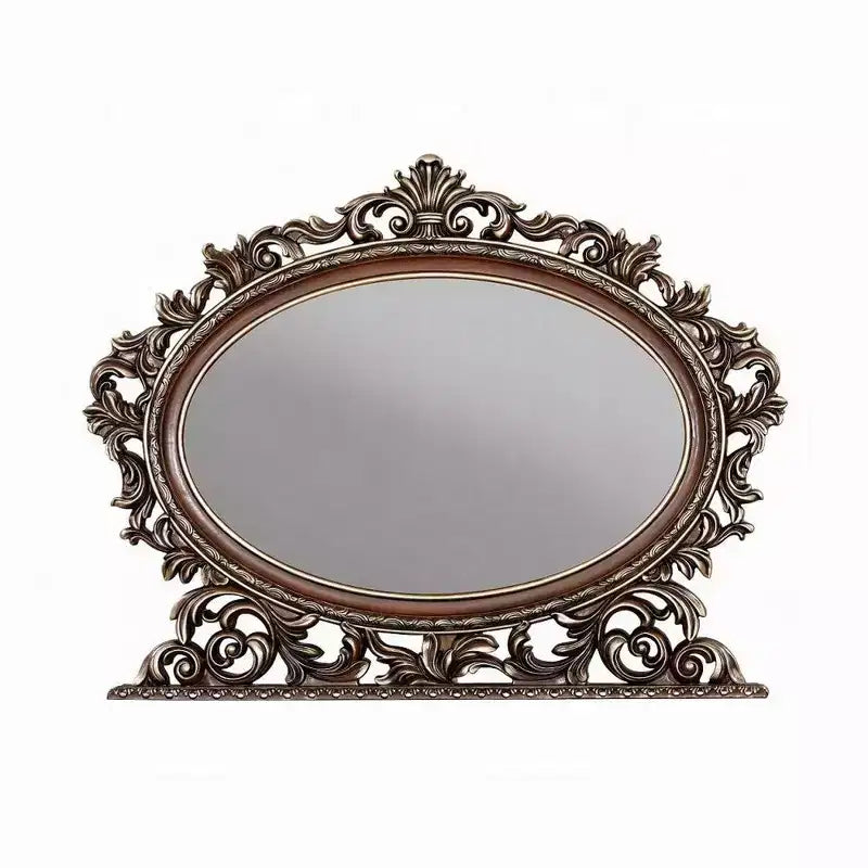 Specchiera ovale con accenti, cornice in ciliegio e scrollwork in champagne spazzolato, 43x53