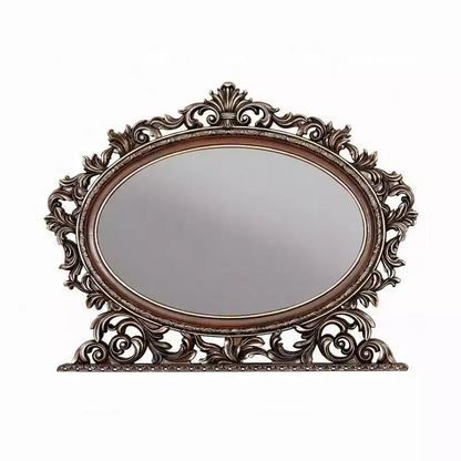 Specchiera ovale con accenti, cornice in ciliegio e scrollwork in champagne spazzolato, 43x53