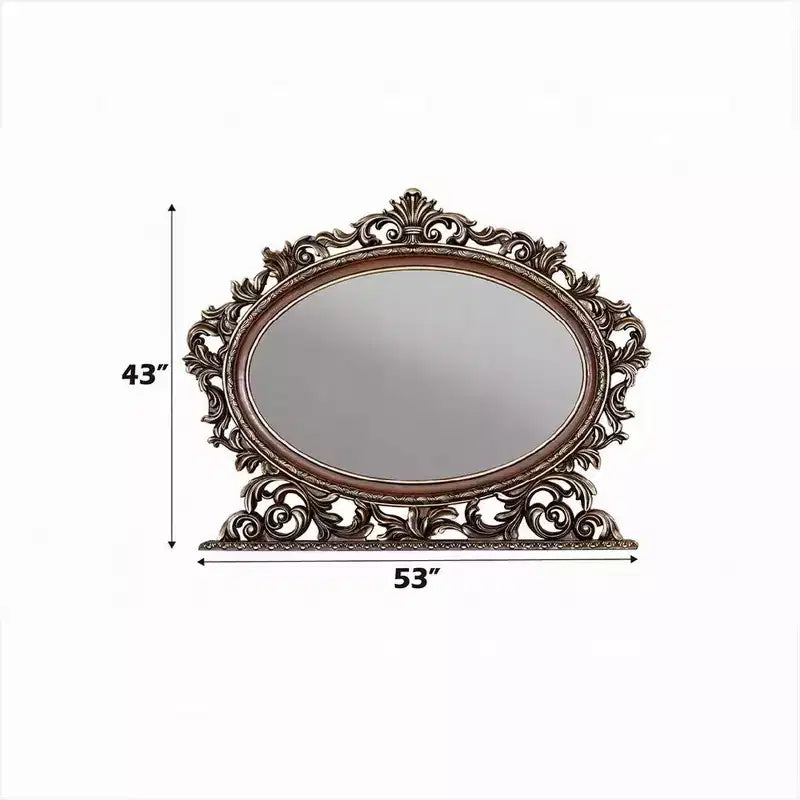 Specchiera ovale con accenti, cornice in ciliegio e scrollwork in champagne spazzolato, 43x53