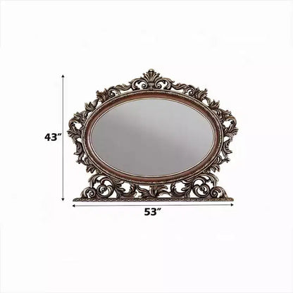 Specchiera ovale con accenti, cornice in ciliegio e scrollwork in champagne spazzolato, 43x53